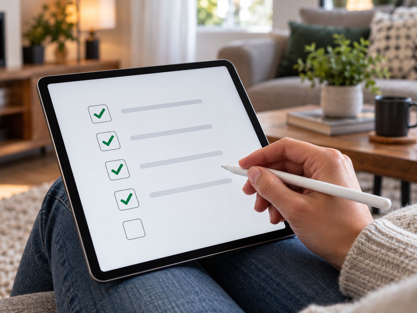 IPTV setup checklist on a tablet with green checkmarks