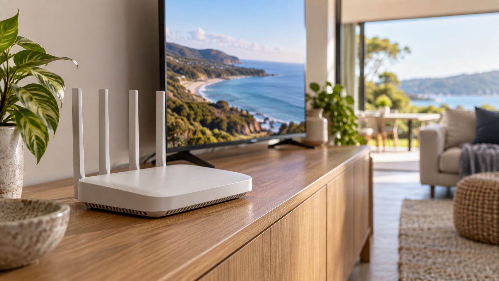 IPTV providers Australia: home router with a streaming television in the background
