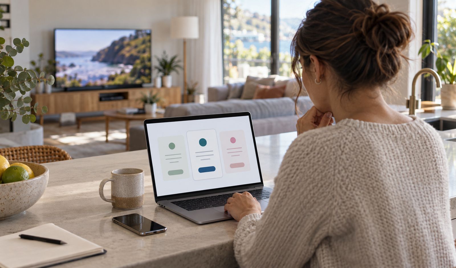 IPTV subscription Australia planning on a laptop at a kitchen bench