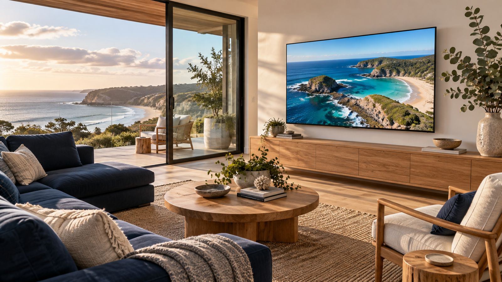 IPTV Australia setup with a smart TV showing an ocean landscape in a coastal living room