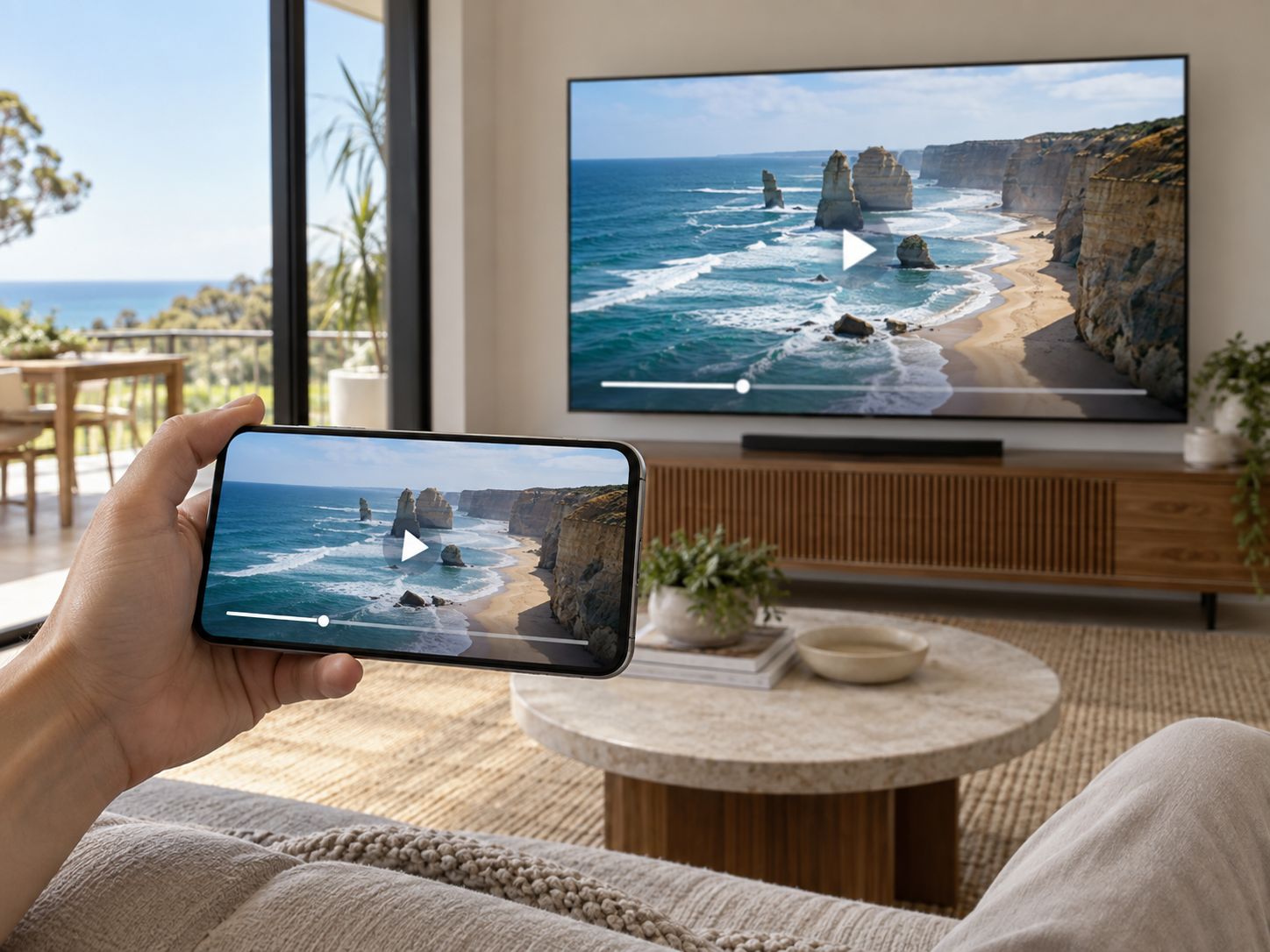 IPTV apps playing the same coastal video on a phone and television